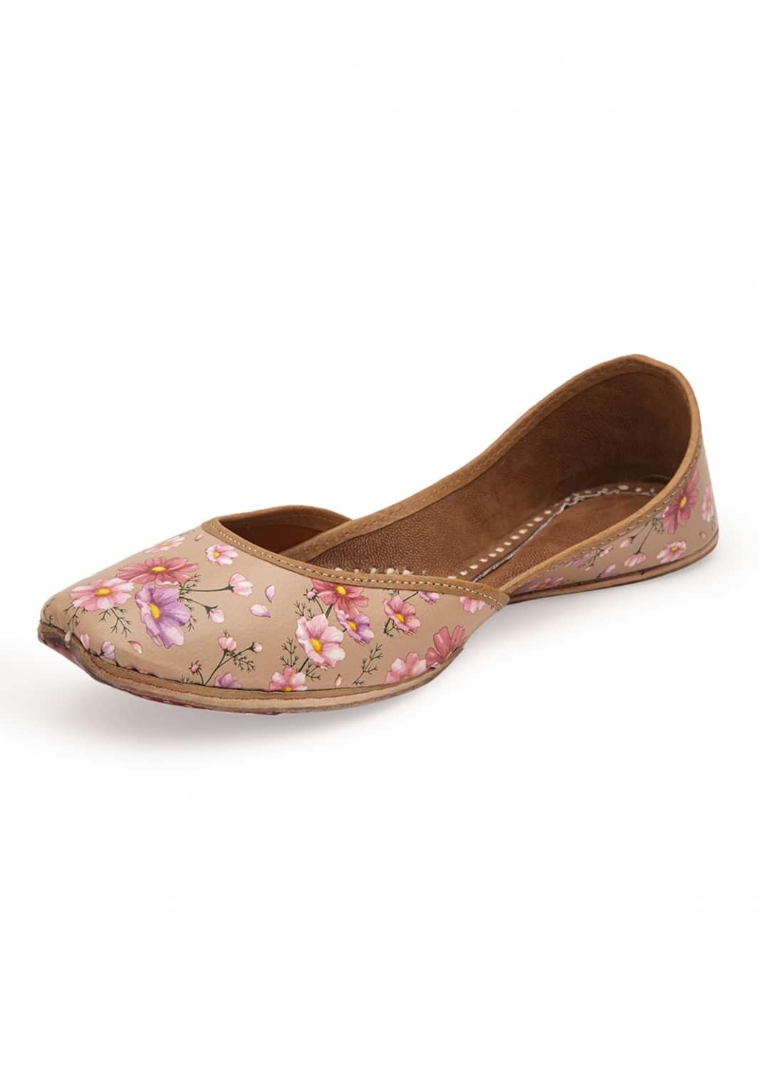 Peach Juttis In Floral Theme With Digital Floral Print In Leather