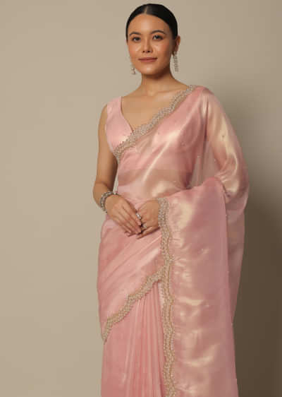 Peach Organza Tissue Saree With Bead Work And Unstitched Blouse Piece
