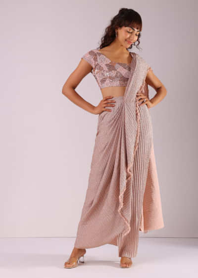 Peach Pink Ready-To-Wear Saree With Fully Embroidered Blouse In Foil Knit