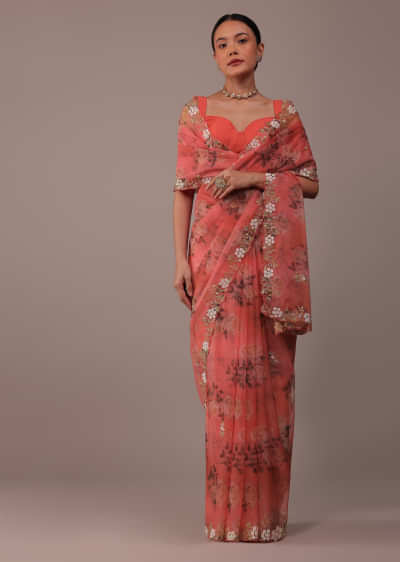 Peach Pink Floral Printed Saree In Organza With Cut Dana Butti All Over