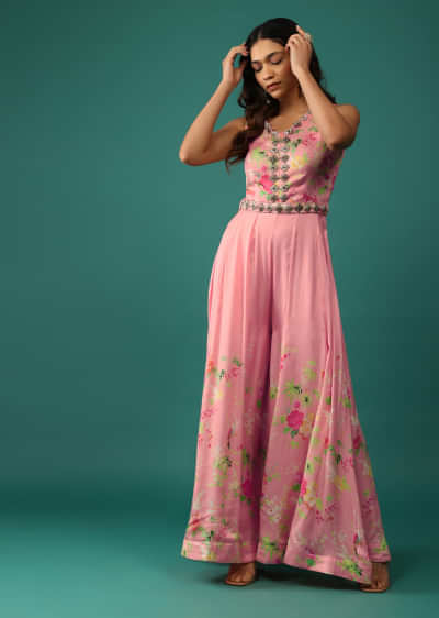 Peach Pink Jumpsuit In Mull Cotton With Embroidered Belt