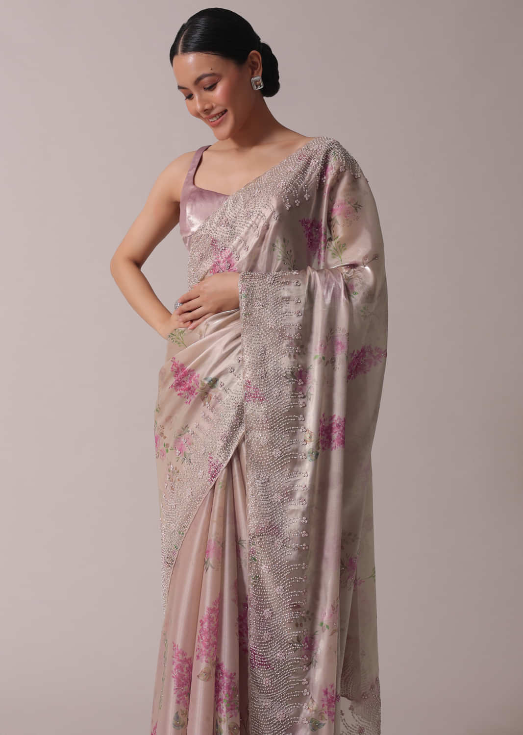 Beige Printed Festive Saree With Embroidery In Satin Organza