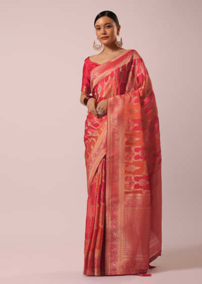 Peach stripe cotton saree with Dull gold filigree and dark pink border