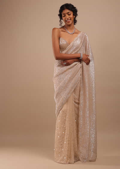 Peach Shimmer Saree In Gold Sequins And Stones Embroidery With Beads And Stones On The Pallu Border