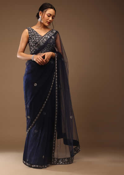 Peacoat Blue Saree With The Crop In Stones Embellishment