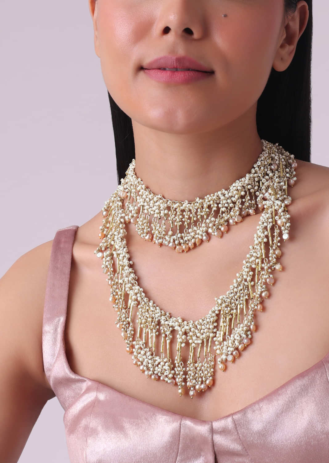 Pearls & Beads Layered Necklace In Gold Finish 
