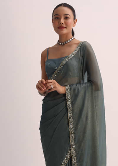 Pencil Grey Saree With Embroidered Border And Unstitched Blouse