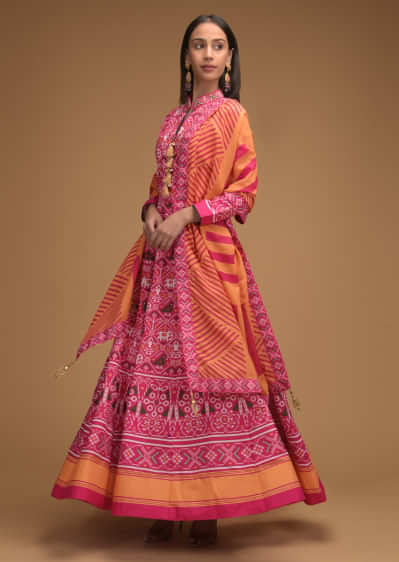 Persian Pink Anarkali Suit With Patola Printed Jaal And Contrasting Yellow Geometric Printed Dupatta  