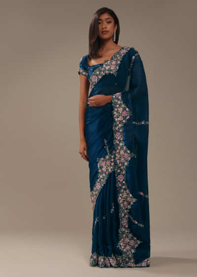 Persian Blue 3D Embroidered Saree In Tissue Silk
