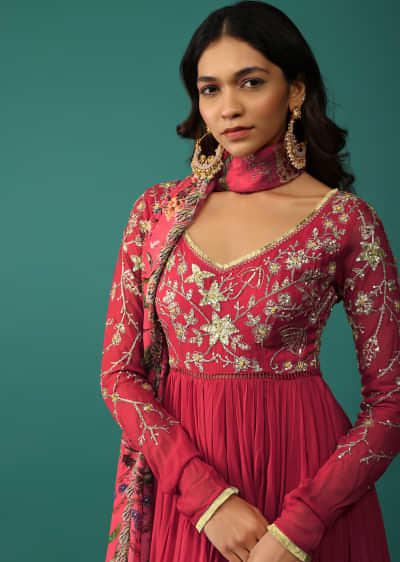 Persian Red Anarkali In Georgette With Sequins Embroidery