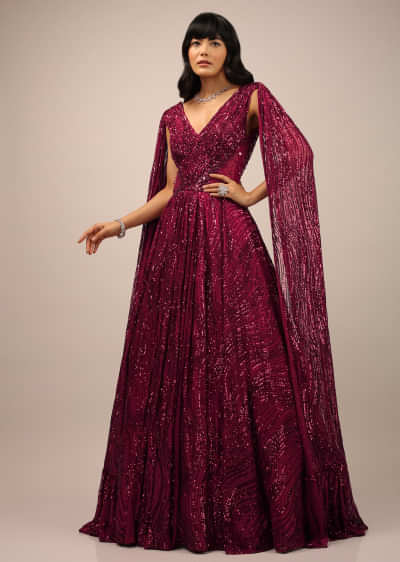 Persian Red Sequins Embellished Gown With Sheer Net On The Waist