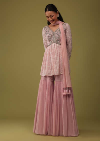 Petal Pink Chinon Peplum Top And Sharara Set With Lucknowi Embroidery