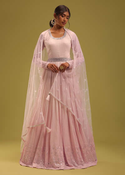 Petal Pink Georgette Anarkali Set With Lucknowi Embroidery