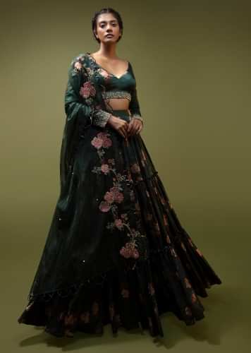 Pine Green Lehenga Choli In Satin With Floral Print And Moti Work Along With A Loop Detailed Organza Dupatta 