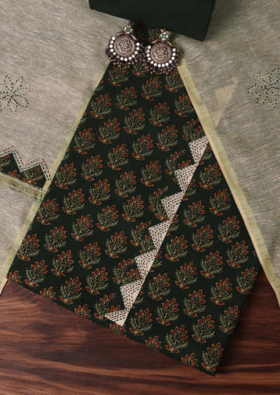 Pine Green Cotton Indie Block Print Unstitched Dress Material