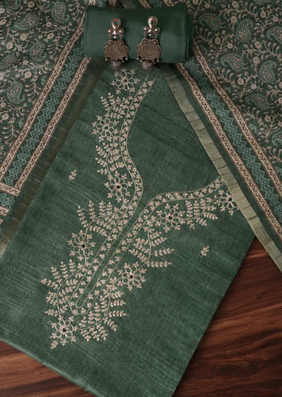 Pine Green Zari Work Tussar Top With Kalamkari Printed Dupatta Unstitched Dress Material