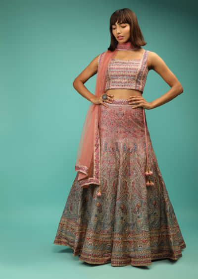 Pink And Grey Lehenga Choli With Ethnic Floral Print And Zari Accents 