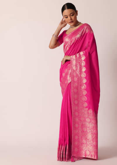 Pink Banarasi Dola Silk Saree With Woven Floral Detail And Unstitched Blouse Piece