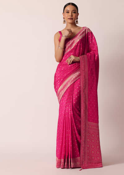 Pink Banarasi Silk Handloom Saree With Gold Zari Weave And Unstitched Blouse Piece