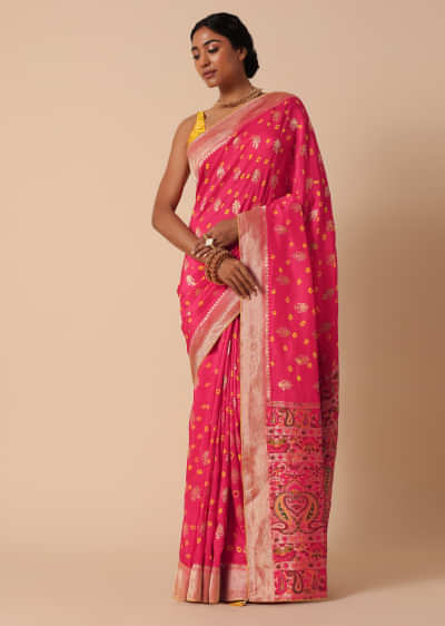 Pink Banarasi Silk Saree With Meenakari Weave Pallu And Unstitched Blouse Piece