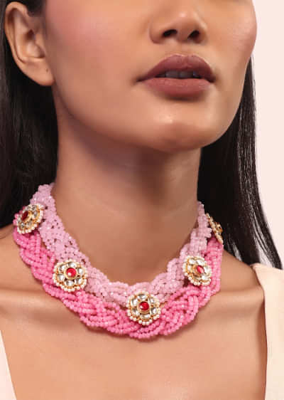 Pink Bead Plaited Necklace