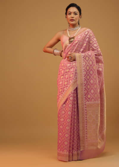 Pink Carnation Saree In Pure Handloom Cotton And Banarasi Chanderi