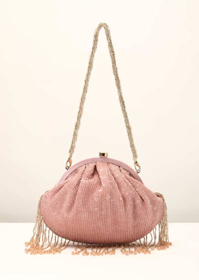 Pink Clutch In Crushed Sequins Fabric With Cut Dana Fringes On The Edges