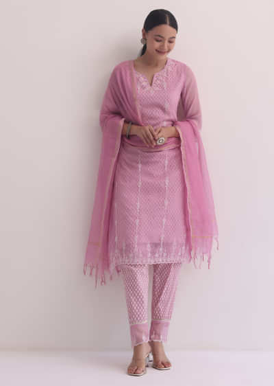 Pink Cotton Kurti Pant Set With Resham And Prints