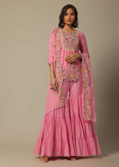 Pink Cotton Sharara Set With Floral Motif Embroidery