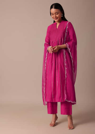 Pink Cotton Silk Pant Set With Embroidered Kurta