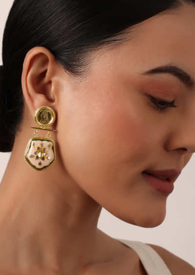 Pink Danglers With Meenakari Drops And Carved Detail