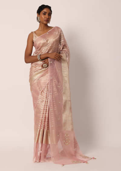 Pink Dola Silk Striped Saree With Embroidered Gota Patti And Unstitched Blouse Fabric