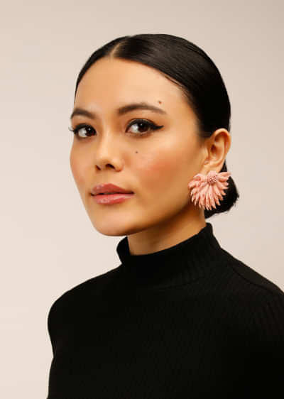 Pink Earrings With Beads And Petal Shaped Sequins Embellished Demi Sunflower 