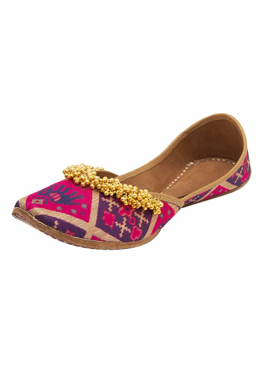 Pink Elephant Print Juttis In Silk With Ghungroo Embellishment And Stitch Line Detail