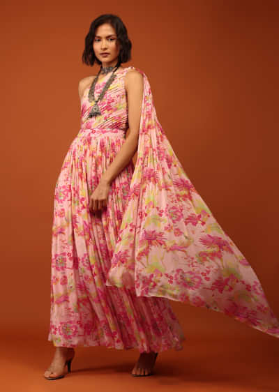 Pink Floral Print Jumpsuit With Slantly Pleated Bodice And Attached Drape On The Shoulder