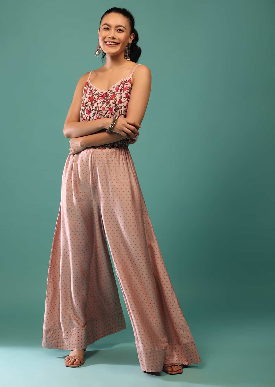 Pink Jumpsuit With Thread, Beads And Sequins In Floral Patterns