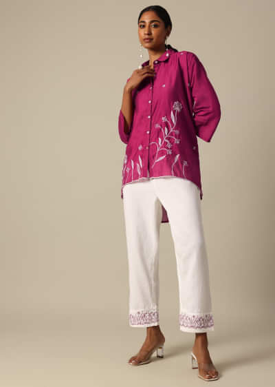Pink Kurta And Pant Set In Cotton Silk