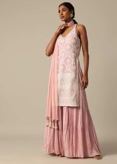 Pink Kurta Sharara Set With Mirror Embellishments
