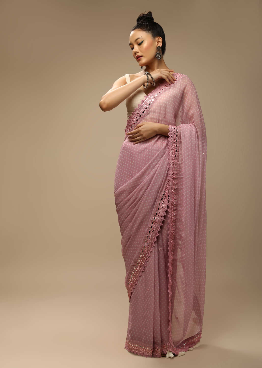 Pink Lavender Bandhani Saree In Georgette With Mirror Embroidered Border