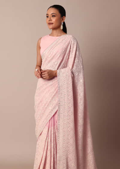 Pink Lucknowi Chikankari Saree With Sequin Embellishments