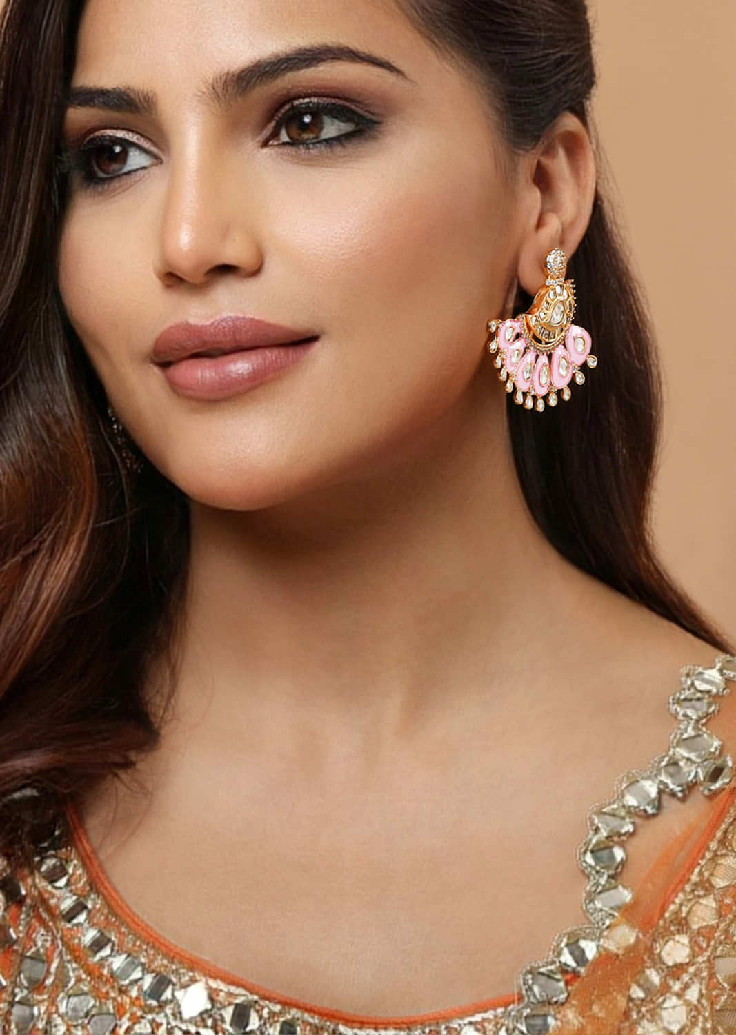 Pink Meenakari Peocock Earrings With Kundan Stud And Diamonds