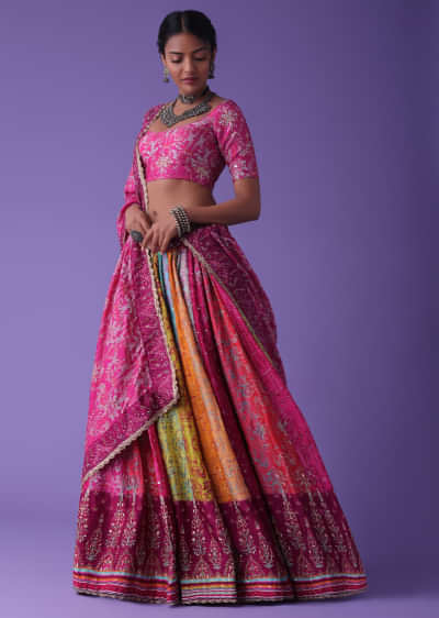 Hot Pink Multicoloured Printed Lehenga With Embroidery In Crepe