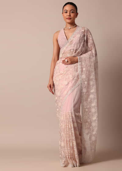 Pink Organza Silk Saree With Chikankari Floral Jaal Work And Unstitched Blouse Fabric