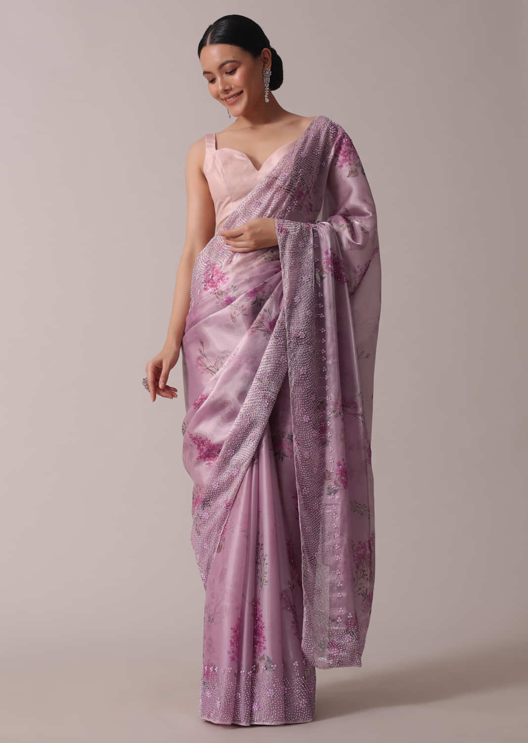 Pink Printed Festive Saree With Embroidery In Satin Organza