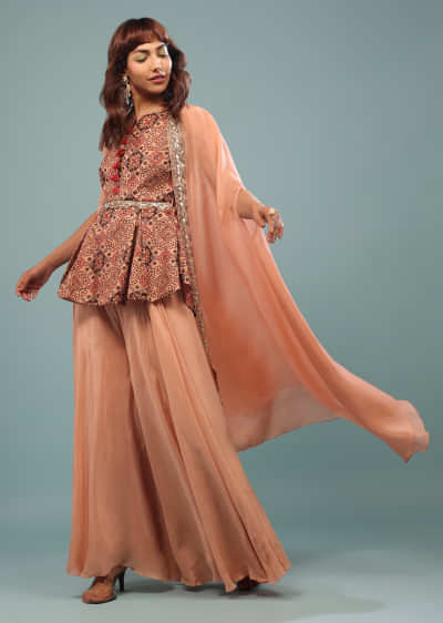 Peach Pink Printed Palazzo Top Set With Embroidered Shrug