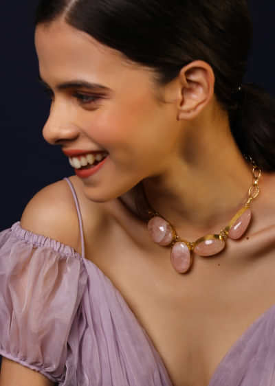 Pink Semi Precious Stone Necklace With Gold Plating