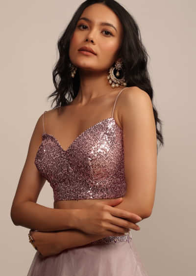 Pink Sequins Blouse With V Neckline And Straps