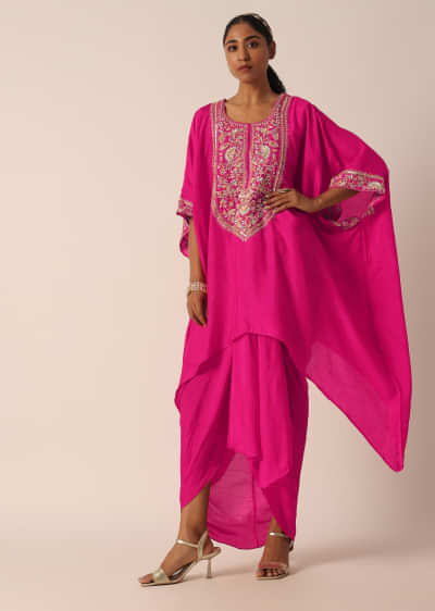 Pink Silk Asymmetric Kurta With Dhoti