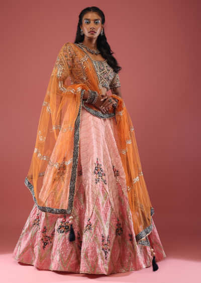 Powder Pink Silk Lehenga With A Royal Blue Hand Embroidered Blouse With Orange Net Dupatta
