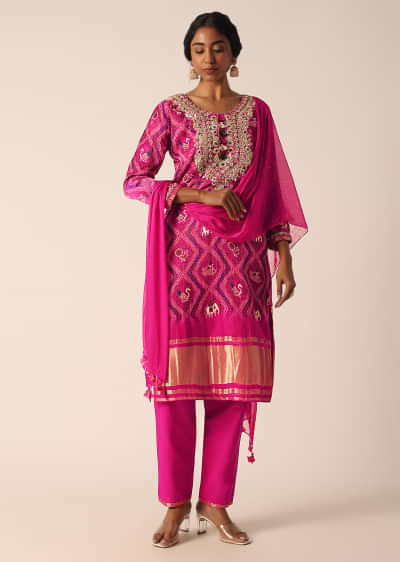Pink Silk Pant Set With Bandhani Print